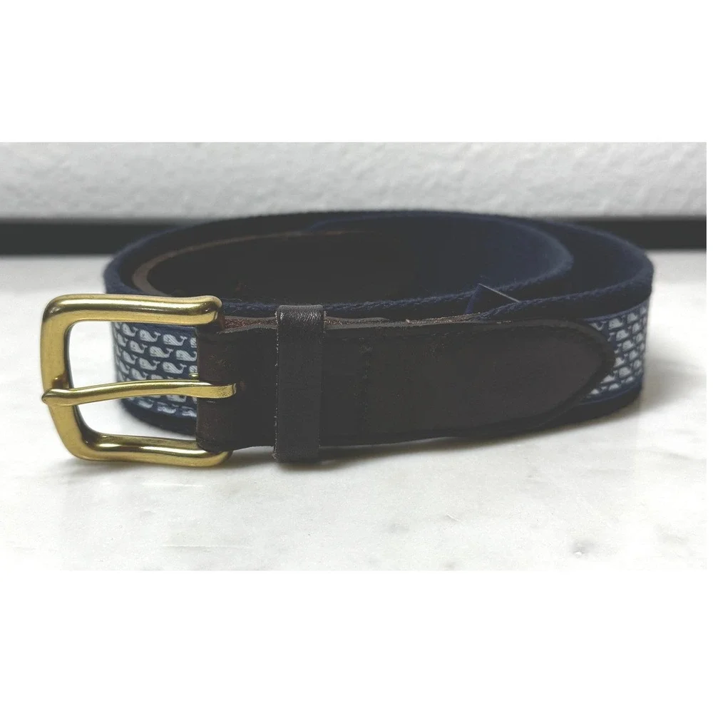 Vineyard Vines Belt Mens 32 Navy Whale Logo Canvas Leather Coastal Preppy Boat